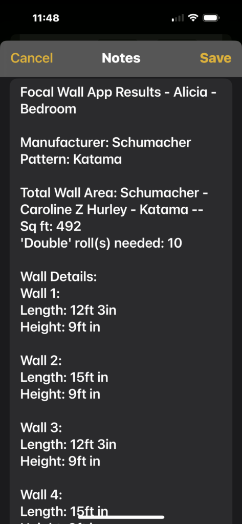 Screenshot of focal wall app saving wallpaper measurements to Apple Notes