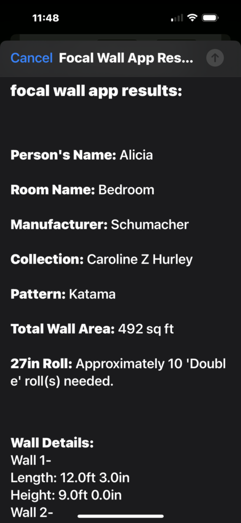 Screenshot of the focal wall app sending results via Email