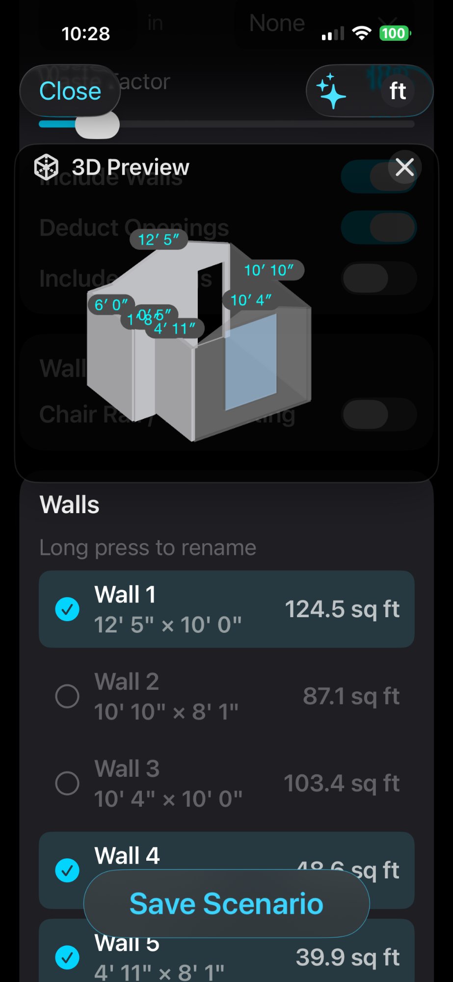 focalScan wall selection screen showing individual wall dimensions and square footage