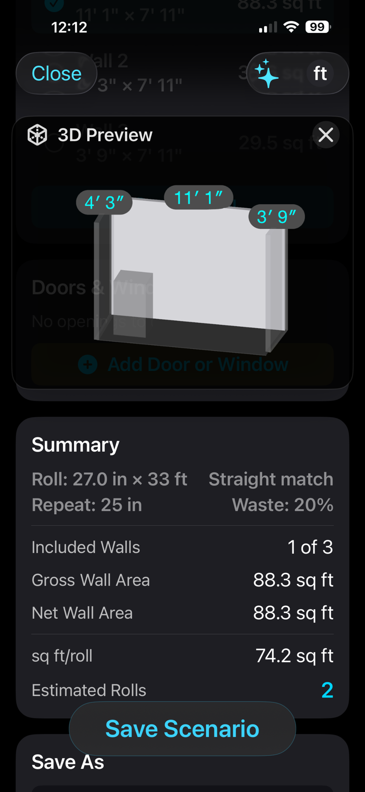 focalScan app summary estimating two rolls of wallpaper for an 88.3-square-foot focal wall, with roll width, repeat, and waste factor shown.