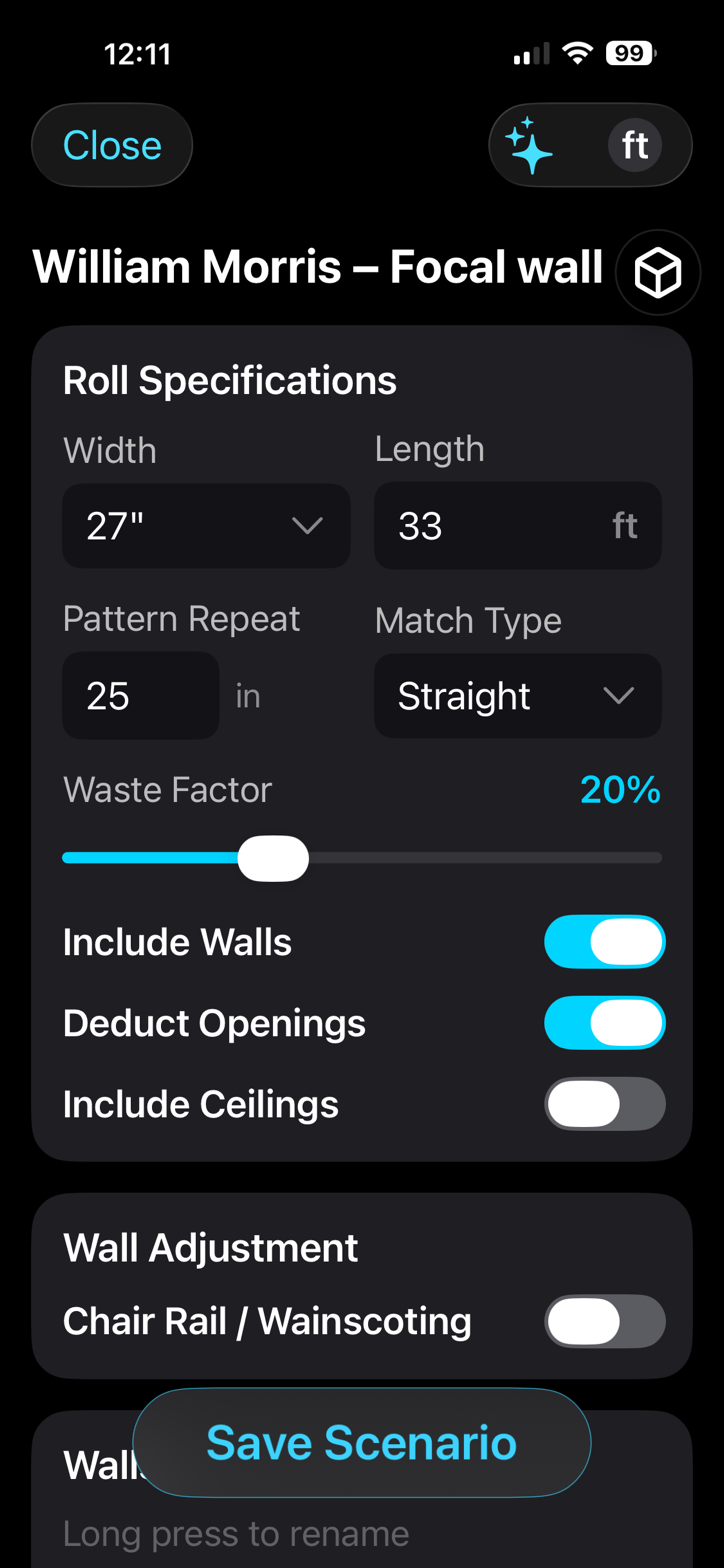 focalScan app roll-specifications screen for a William Morris focal wall, set to a 27-inch width, 33-foot length, 25-inch repeat, and straight match.
