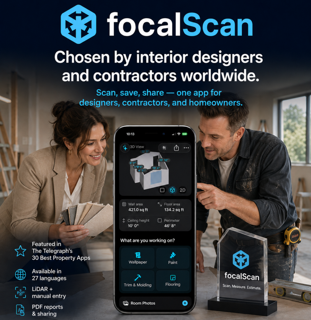 focalScan LiDAR room scanning app on iPhone showing a 3D room scan with wall and floor measurements and paint, tile, flooring, and wallpaper estimates, used together by an interior designer and a contractor.