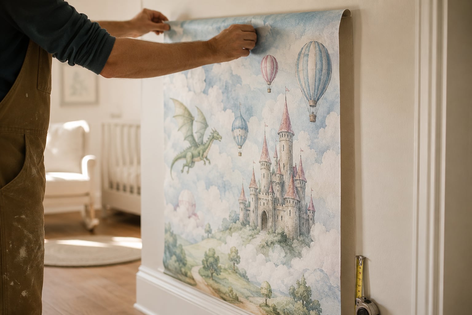 Installer smoothing a castle, dragon, and hot air balloon mural onto a nursery wall, with a crib and tape measure nearby