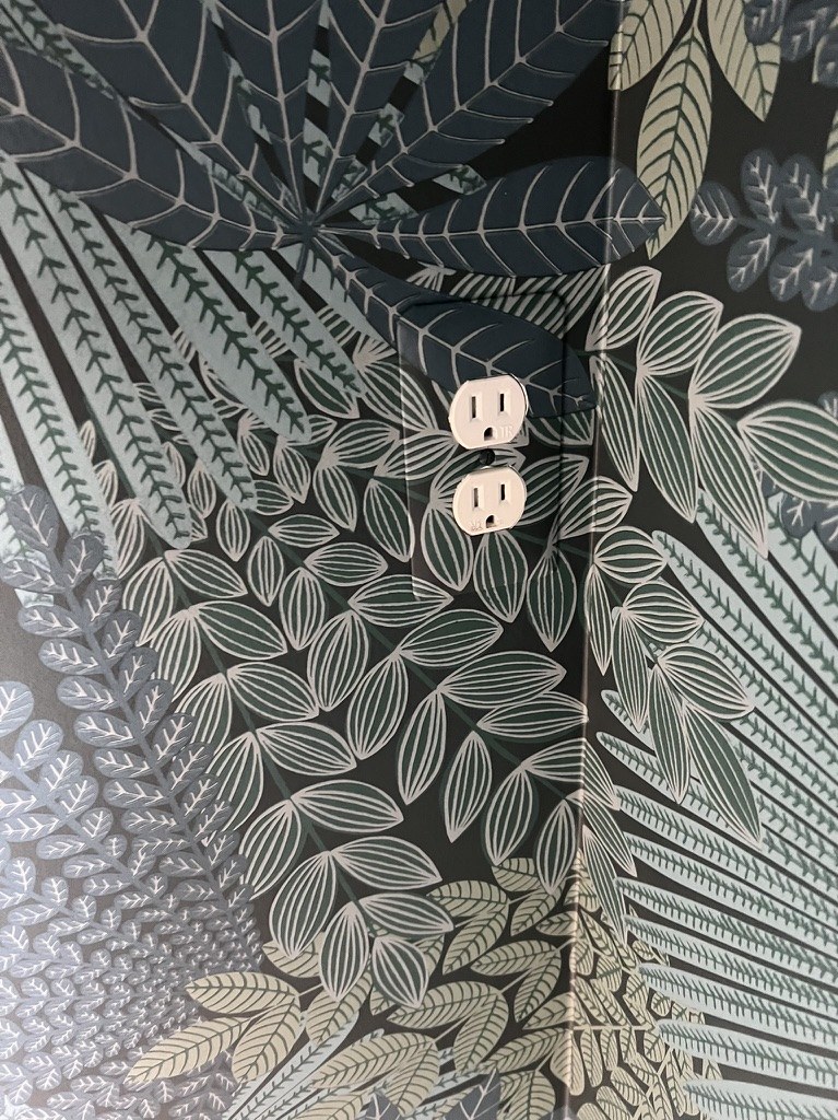 Close-up of a duplex outlet cut into Borastapeter Velvet Leaves wallpaper under direct flash, showing a tight cut-in and no visible seam.