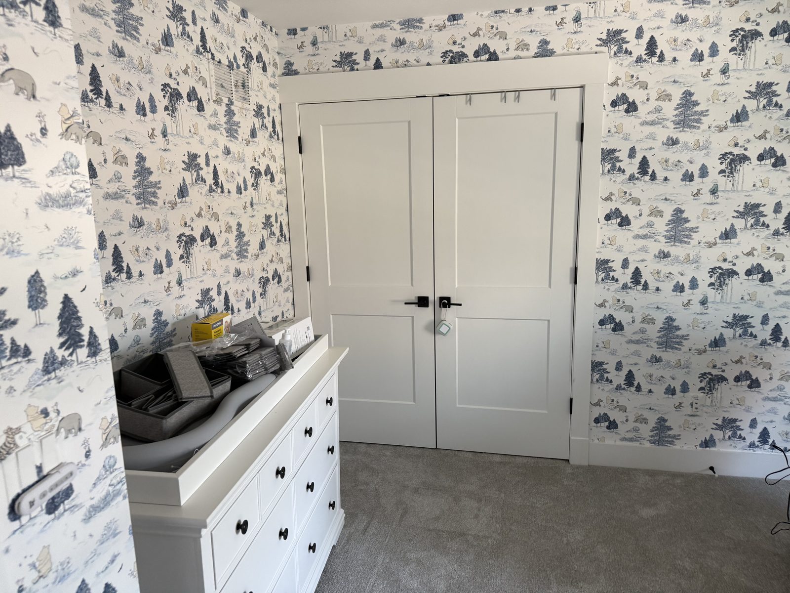 Finished Winnie the Pooh nursery in Plymouth, Michigan, viewed from the closet-door side.