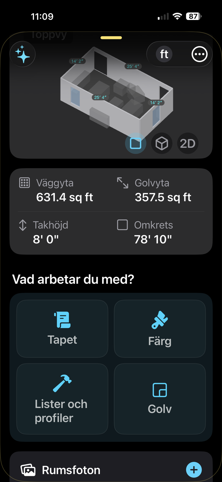 focalScan LiDAR wallpaper measuring app running in Swedish, showing a scanned room with wall area, ceiling height and a wallpaper option labelled Tapet.