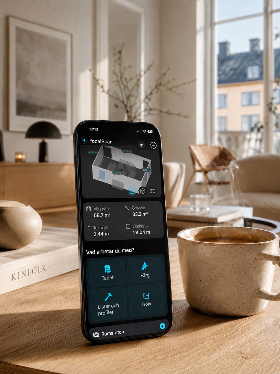 focalScan LiDAR wallpaper measuring app shown in Swedish on a phone in a Scandinavian living room, with wall area in square metres and a wallpaper option labelled Tapet.
