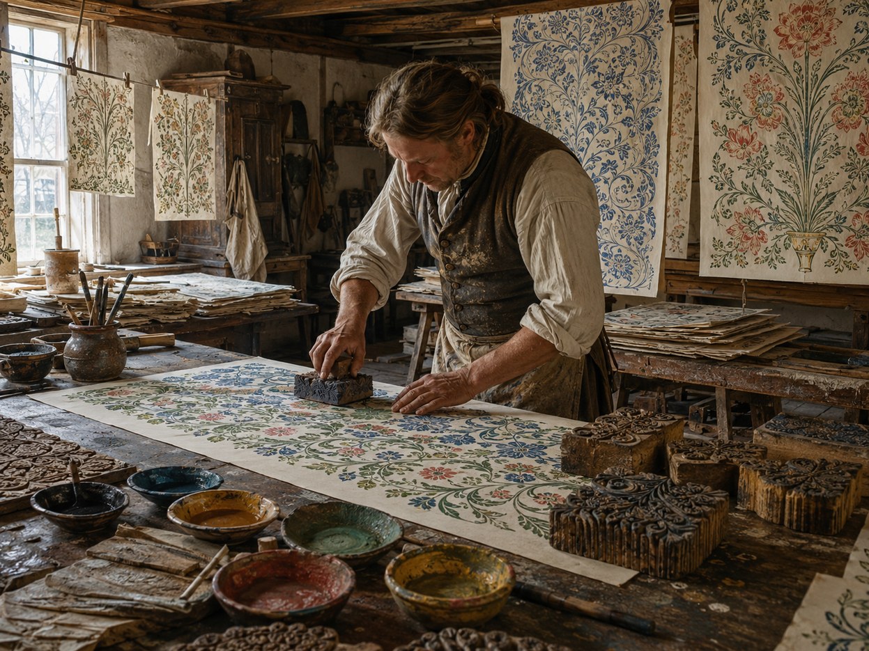 Illustration of an early wallpaper workshop, with a craftsman hand-block printing a floral repeat onto a long sheet of paper beside carved wooden blocks and bowls of pigment.