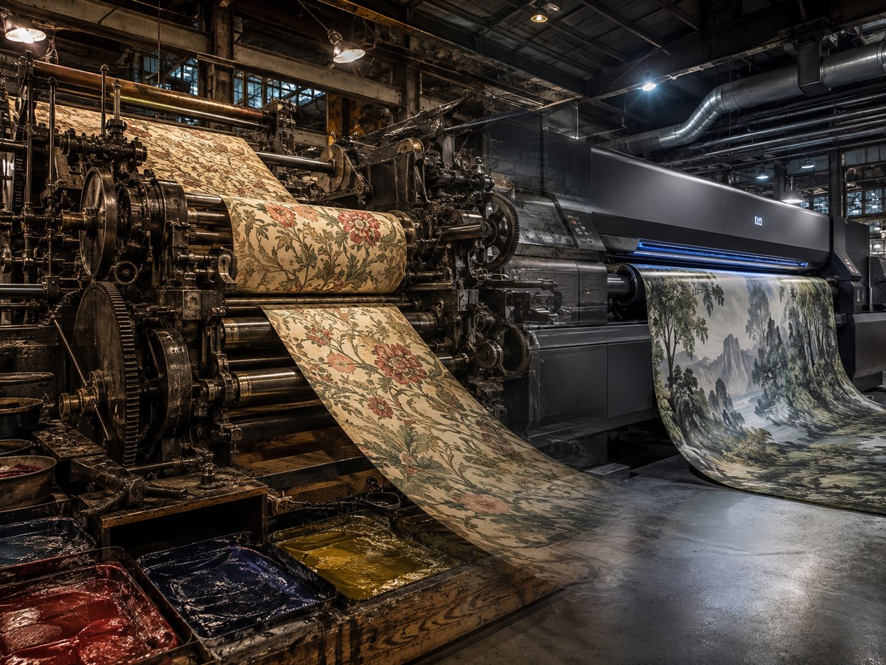 Illustration contrasting a century-old surface printing press running a floral repeat with a modern wide-format digital printer producing a scenic wall mural.