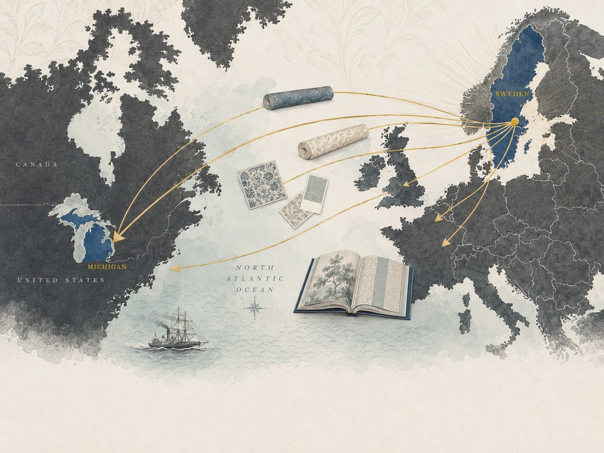 Illustrated map showing wallpaper routes leaving Sweden for Michigan, the United Kingdom and continental Europe, with rolls and pattern swatches over the North Atlantic.