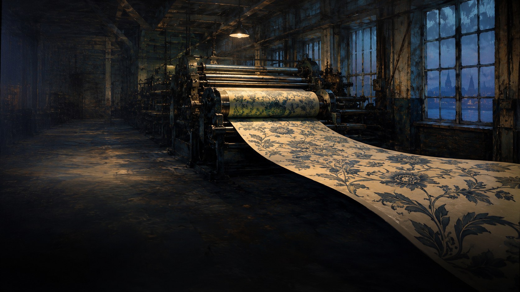 Illustration of a Swedish wallpaper factory at dusk, a century-old surface printing press running a blue-and-cream floral repeat onto a long sheet of paper.