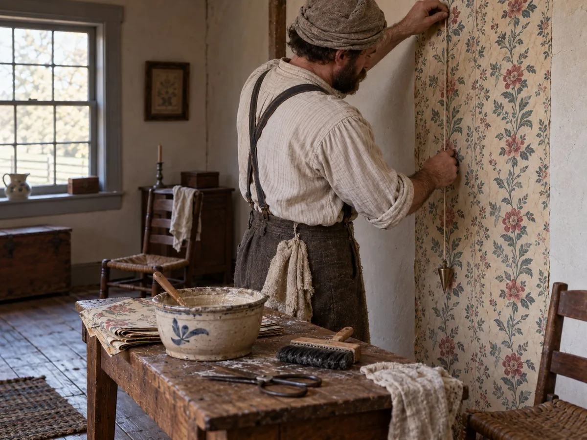 Illustration of a nineteenth-century paperhanger holding a plumb bob against a papered wall, with shears, a paste brush and a bowl of wheat paste on a trestle table behind him.