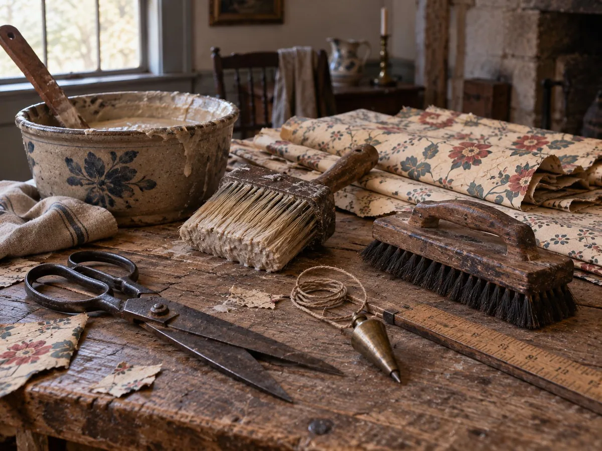 Illustration of nineteenth-century paperhanging tools on a workbench: shears, paste brush, smoothing brush, plumb bob, folding rule, a stoneware bowl of wheat paste and rolls of block-printed paper.