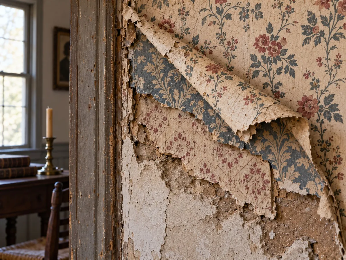 Illustration of several layers of old wallpaper peeling away from a plaster wall, each layer a different pattern.