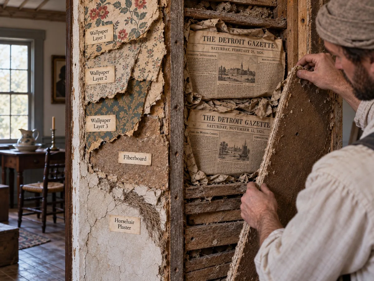 Illustration of an 1830s wall opened during restoration: layers of wallpaper over fiberboard over horsehair plaster, with newspaper packed into the stud bay behind.