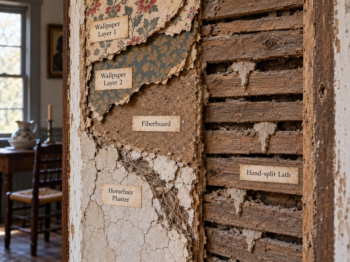 Illustration of an 1830s wall in section: two layers of wallpaper, fiberboard, cracked horsehair plaster, and hand-split lath with plaster keys squeezed through the gaps.